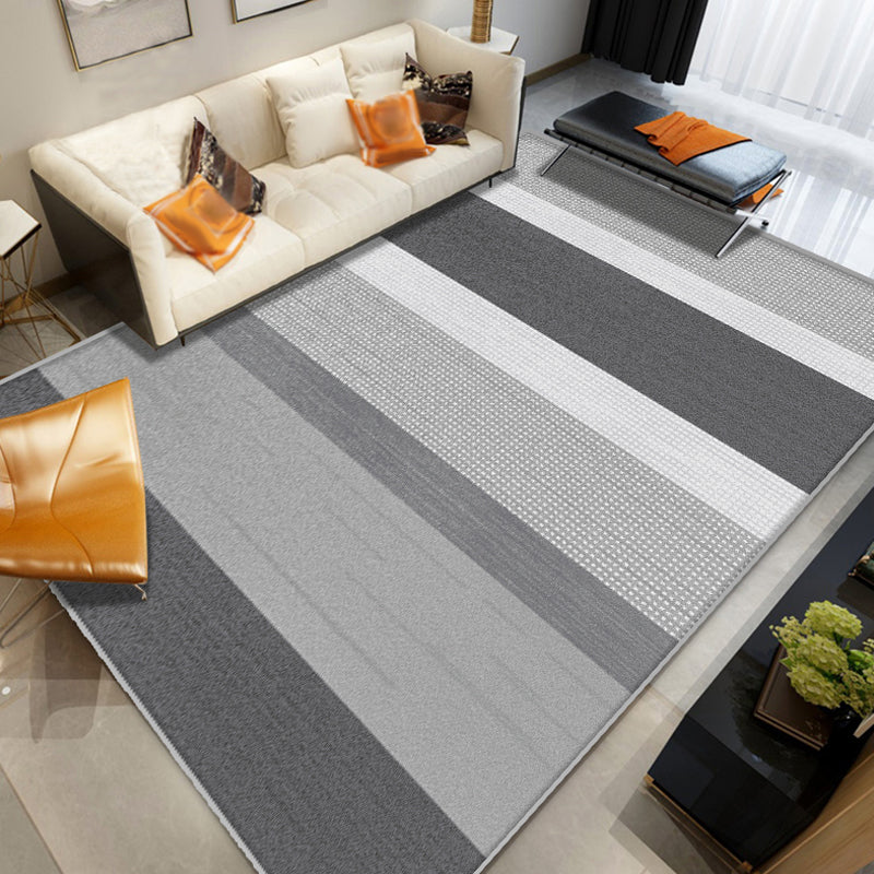 Grey Living Room Rug Minimalist Geometric and Plaid Pattern Rug Polyester Washable Anti-Slip Backing Pet Friendly Carpet