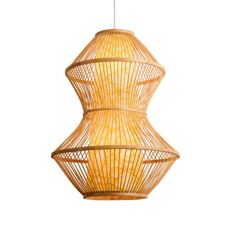 Asian Style Gourd Shaped Hanging Lighting Bamboo 19.5"/23.5" Wide 1 Head Restaurant Pendant Lamp in Wood