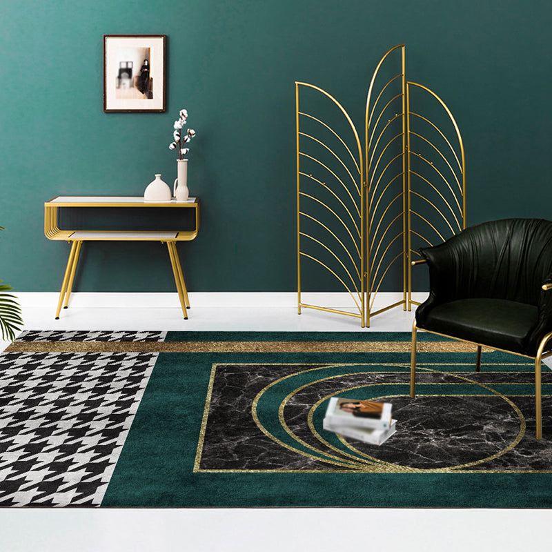 Green Geometric Pattern Rug with Houndstooth Polyester Minimalist Rug Pet Friendly Washable Non-Slip Area Rug for Living Room