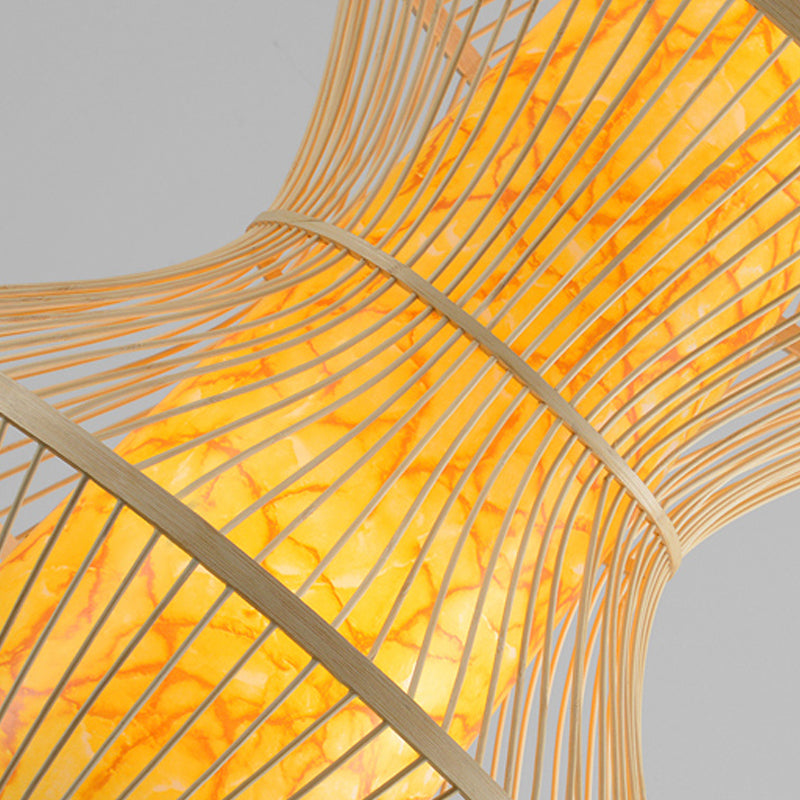 Asian Style Gourd Shaped Hanging Lighting Bamboo 19.5"/23.5" Wide 1 Head Restaurant Pendant Lamp in Wood