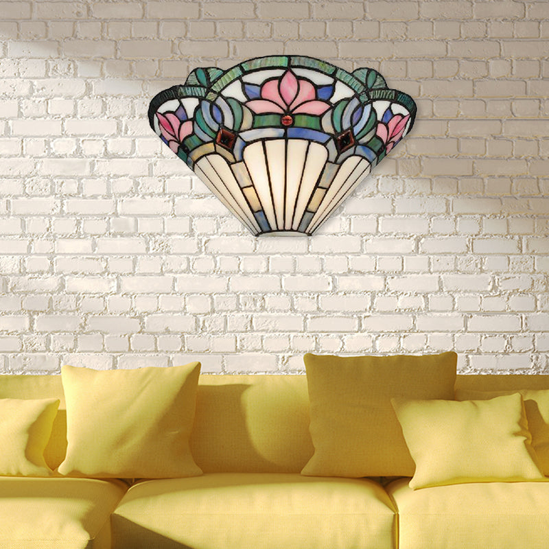 Lotus Wall Sconce Light Traditional Stained Glass 1 Bulb Wall Lighting in Pink and Green for Corridor