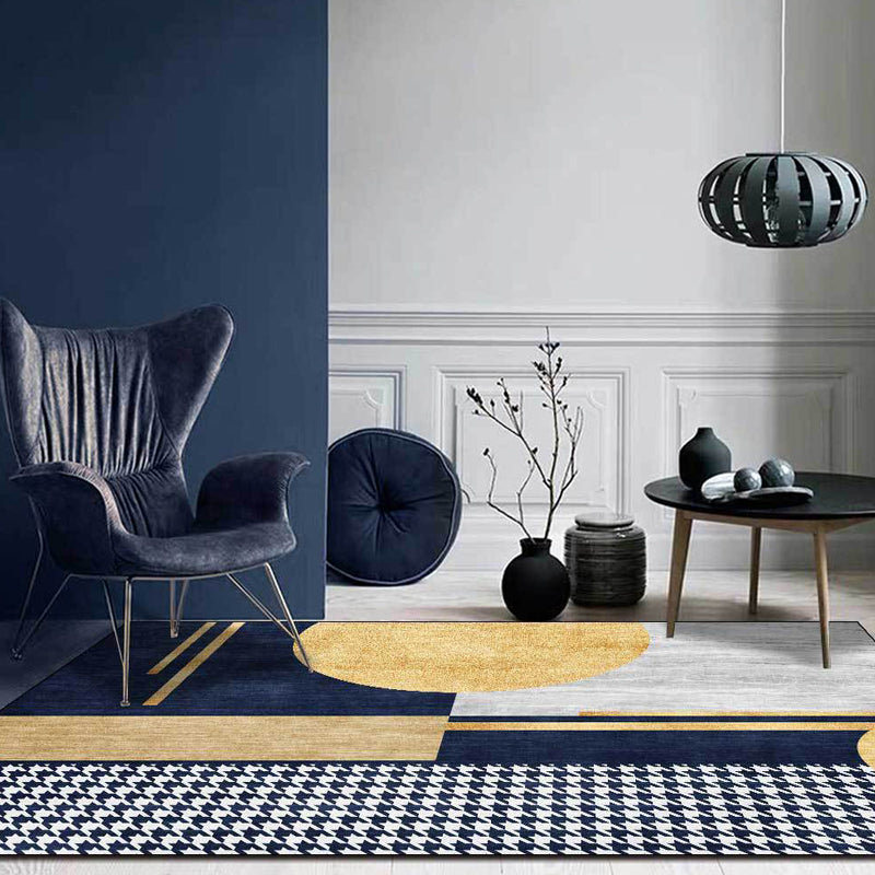 Gold Living Room Rug Modernism Geometric and Houndstooth Pattern Rug Polyester Washable Anti-Slip Backing Pet Friendly Carpet