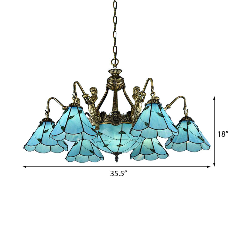 9 Lights Dining Room Ceiling Lamp Tiffany Blue Chandelier Light with Cone Stained Glass Shade