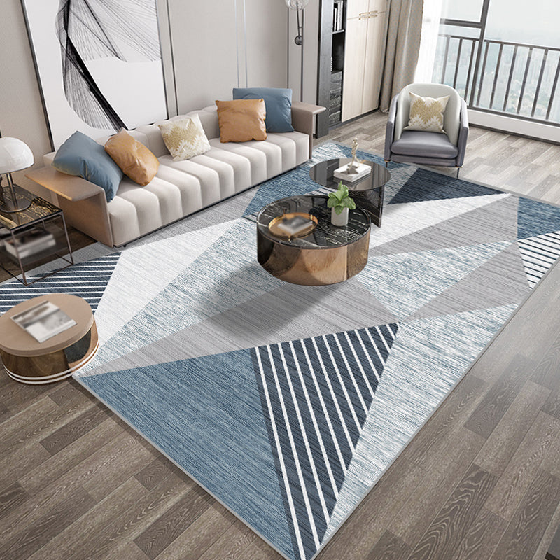 Funky Geometric Pattern Rug with Stripe Blue Modern Rug Polyester Pet Friendly Washable Non-Slip Area Rug for Bedroom