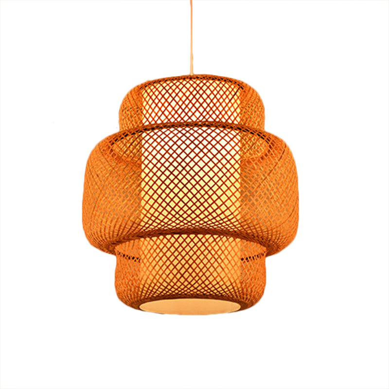 Lumière suspendue en forme de lanterne avec conception de croisement bambou asiatique 18 "/19,5" W 1 lampe suspension de salle à manger légère en lin