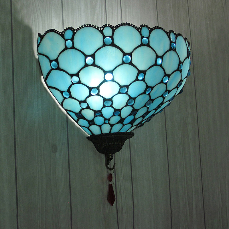 Bowl Wall Mount Light with Fish Scale 1 Light Stained Glass Tiffany Style Blue Wall Lighting