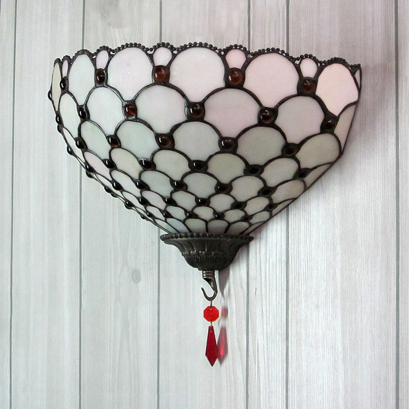 Fish Scale Wall Sconce with Bowl Shade White Glass 1 Light Vintage Wall Mount Light for Outdoor