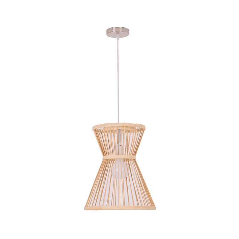 Lámpara colgante en forma de reloj de arena bambú asiática 1 bombilla de beige luz de suspensión para vestíbulo