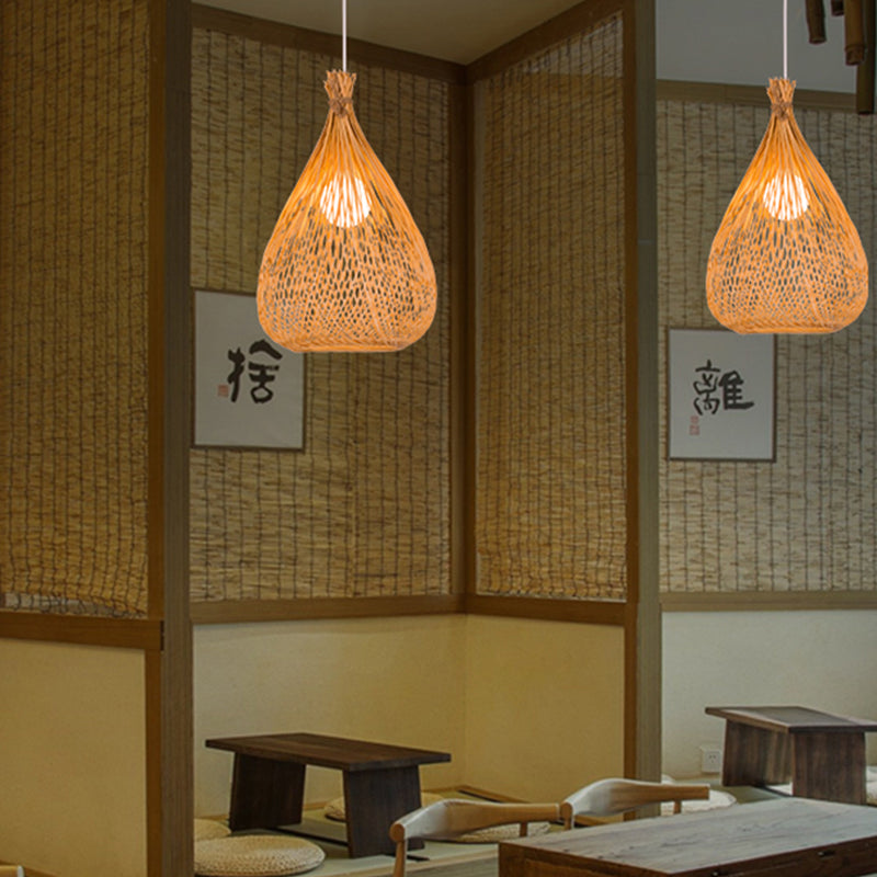Beige Teardrop Shade Down Lighting Japanese Single Light Hand-Woven Bamboo Pendant Light for Restaurant