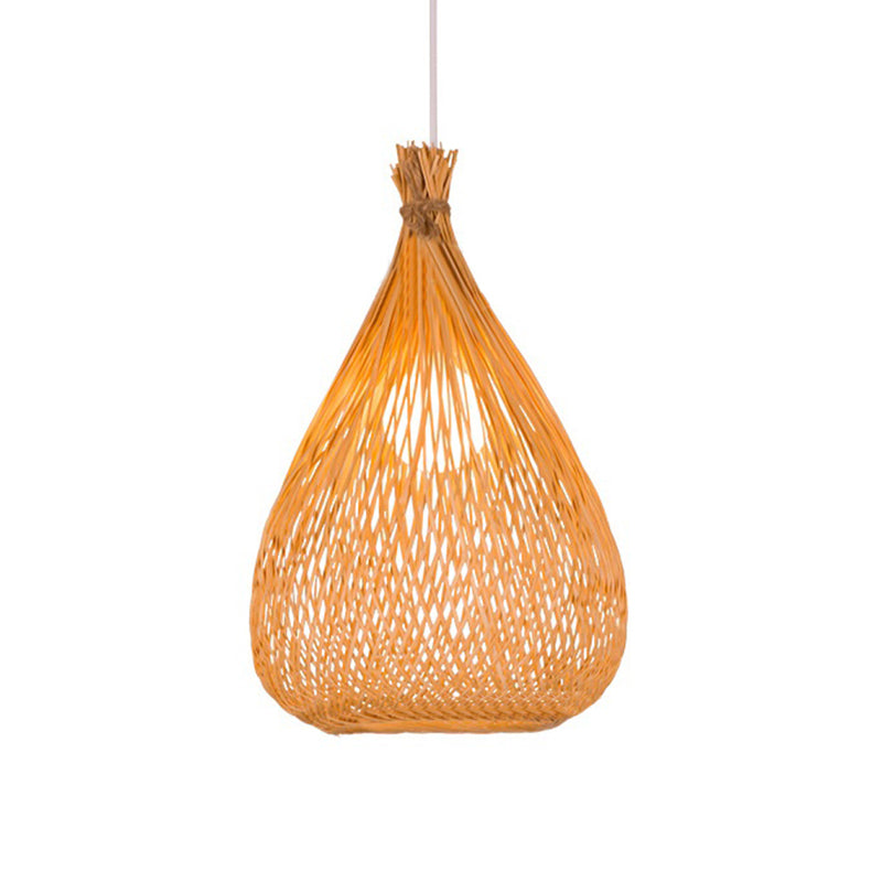 Beige Teardrop Shade Down Lighting Japanese Single Light Hand-Woven Bamboo Pendant Light for Restaurant