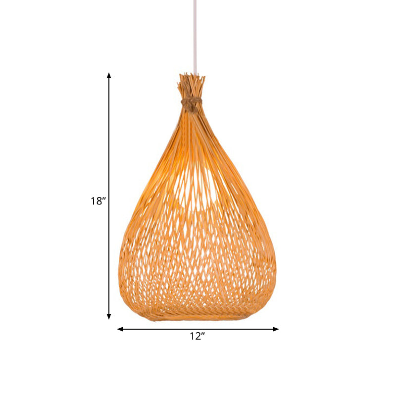 Beige Teardrop Shade Down Lighting Japanese Single Light Hand-Woven Bamboo Pendant Light for Restaurant