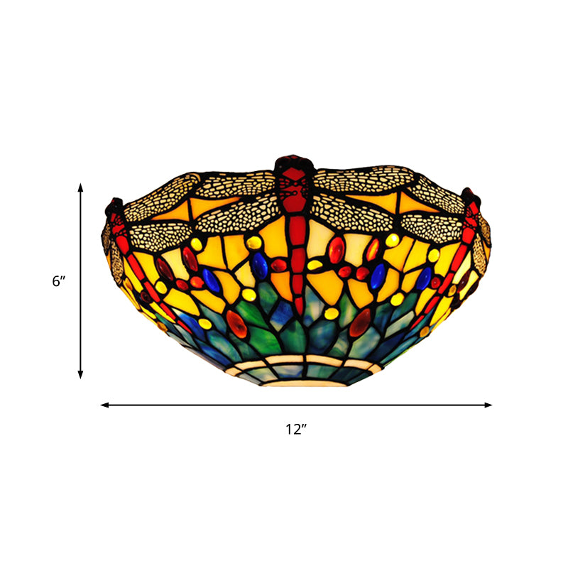 Dragonfly Sconce Lighting Rustic Lodge Stained Glass 1 Light Wall Mount Lighting in Yellow and Green