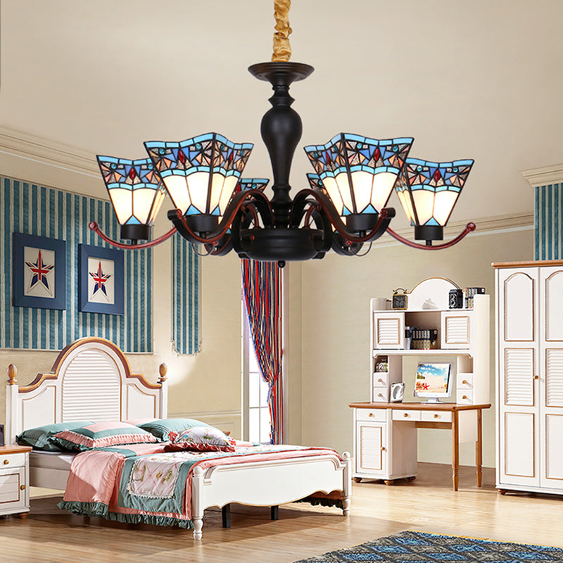 6 Lights Geometric Hanging Light Tiffany Style Stained Glass Inverted Chandelier for Dining Room