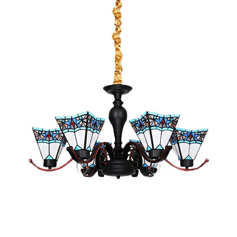 6 Lights Geometric Hanging Light Tiffany Style Stained Glass Inverted Chandelier for Dining Room