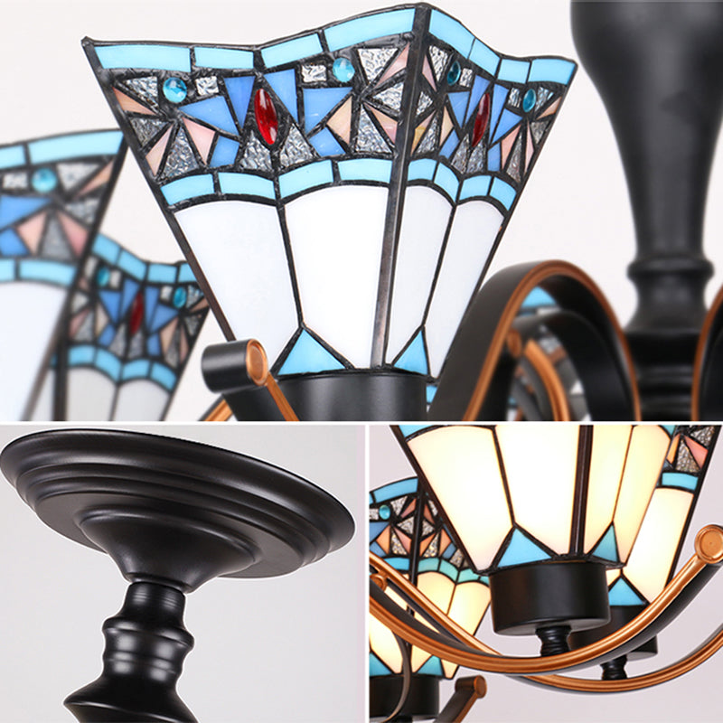 6 Lights Geometric Hanging Light Tiffany Style Stained Glass Inverted Chandelier for Dining Room