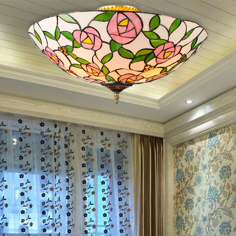 Pink and Green Bowl Flush Light with Rose Vintage Tiffany Stained Glass Flush Ceiling Light