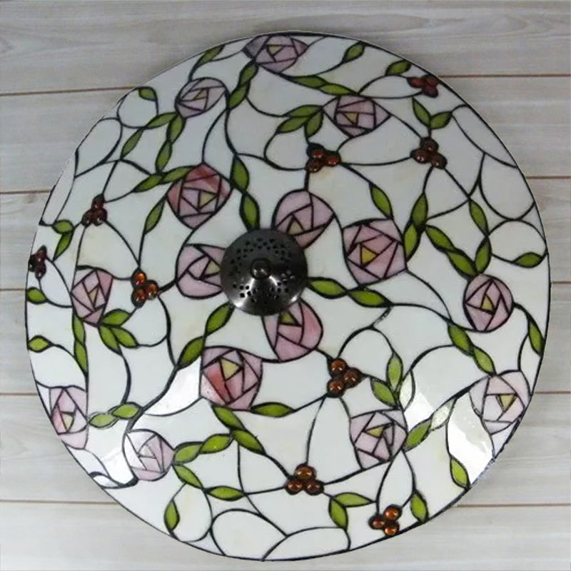 Pink and Green Bowl Flush Light with Rose Vintage Tiffany Stained Glass Flush Ceiling Light
