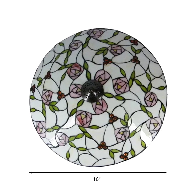 Pink and Green Bowl Flush Light with Rose Vintage Tiffany Stained Glass Flush Ceiling Light