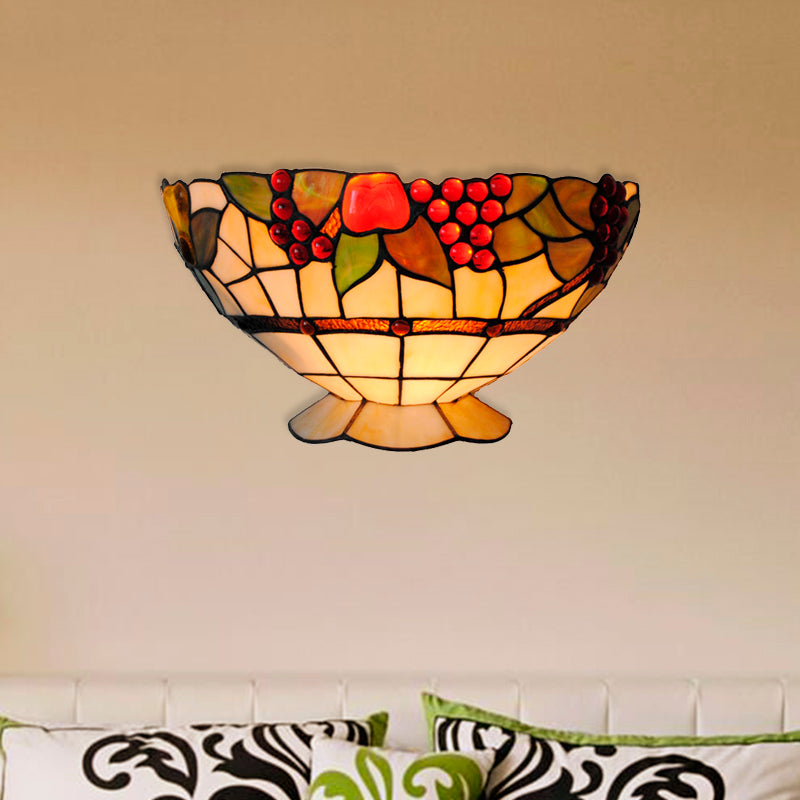 Art Deco Bowl Wall Lighting with Fruit Pattern Lodge Stained Glass 1 Bulb Wall Sconce Light