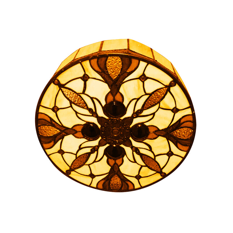 Zirkular flushmount light vintage gefärbt Glas 2 Lichter Deckenleuchte mit Pfauenschwanz Muster in Beige