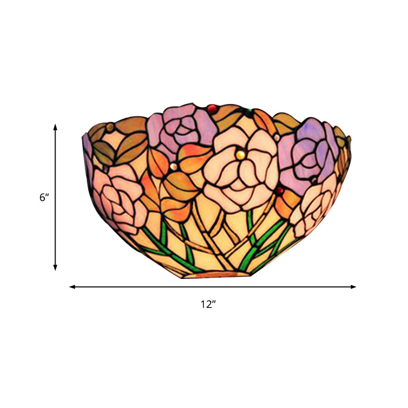 Flowers Wall Mount Light Tiffany Lodge Stained Glass 1 Light Outdoor Wall Sconce in Blue and Pink