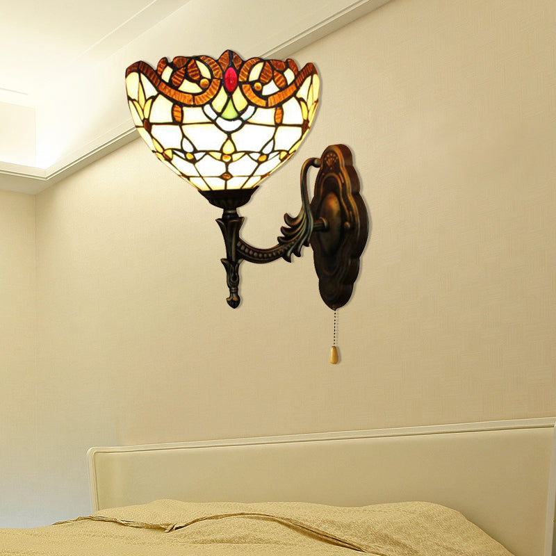 Stained Glass Bowl Wall Light with Pull Chain 1 Light Victorian Wall Sconce Lighting for Bedroom