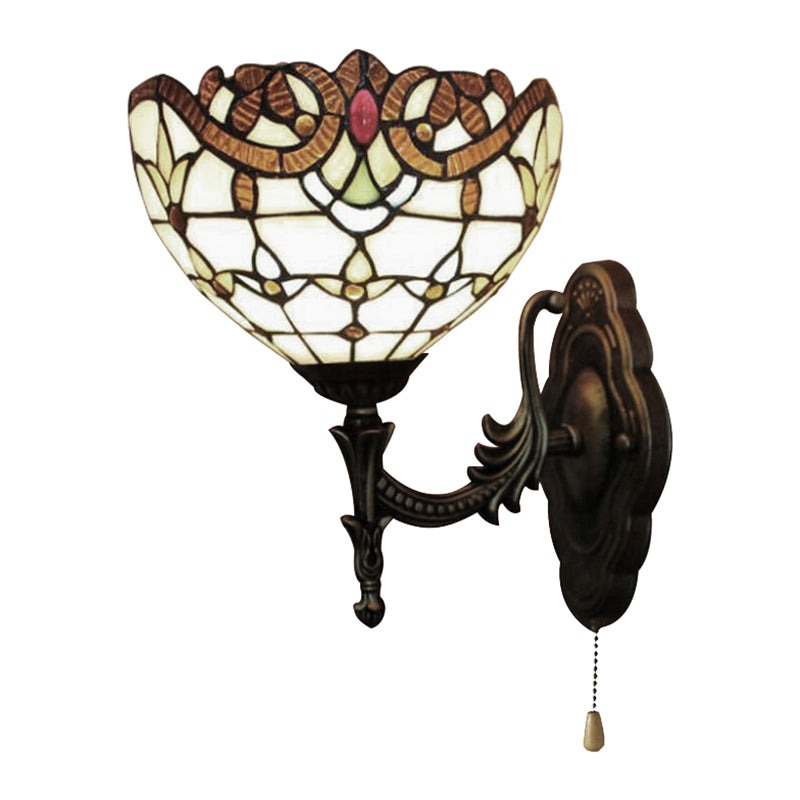 Stained Glass Bowl Wall Light with Pull Chain 1 Light Victorian Wall Sconce Lighting for Bedroom