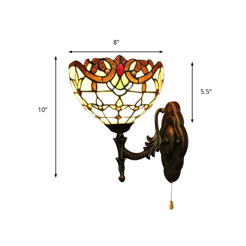Stained Glass Bowl Wall Light with Pull Chain 1 Light Victorian Wall Sconce Lighting for Bedroom