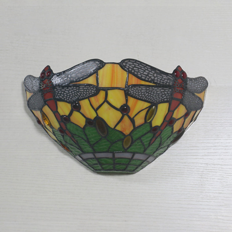 Bowl Shade Wall Light with Dragonfly Pattern 1 Light Rustic Stained Glass Sconce Lighting