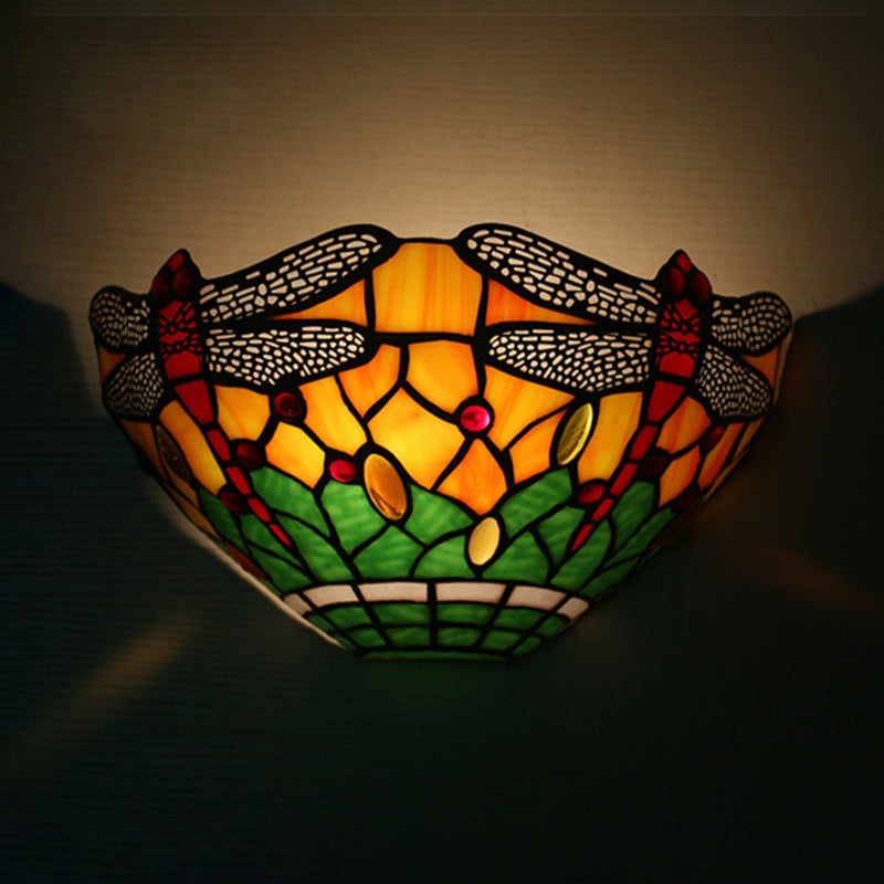 Bowl Shade Wall Light with Dragonfly Pattern 1 Light Rustic Stained Glass Sconce Lighting