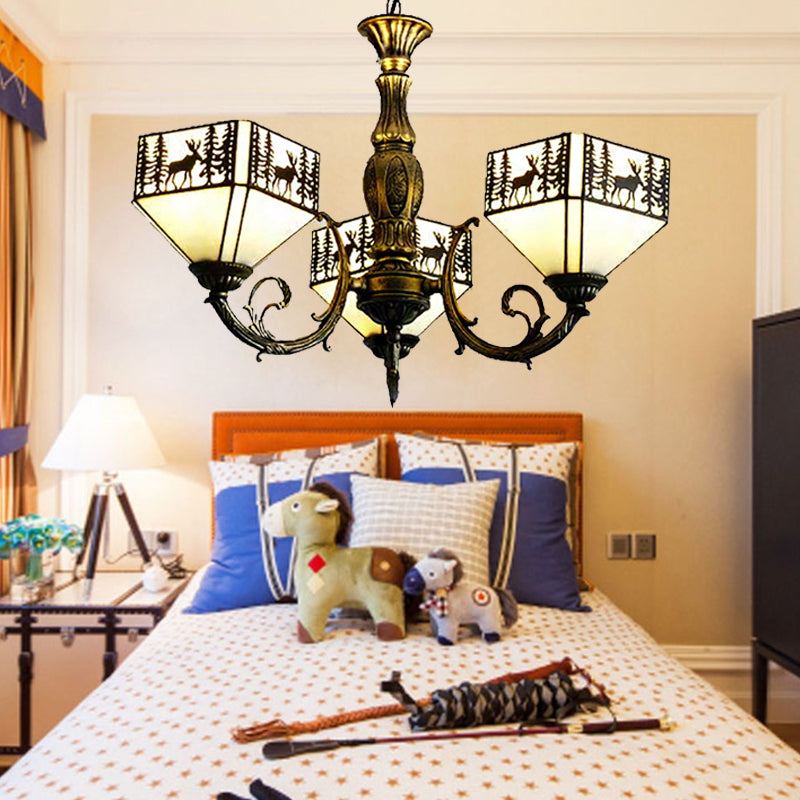 3 Lights Small House Suspended Light Retro Style Stained Glass Inverted Chandelier with Deer and Tree Pattern in White