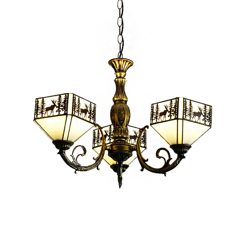 3 Lights Small House Suspended Light Retro Style Stained Glass Inverted Chandelier with Deer and Tree Pattern in White