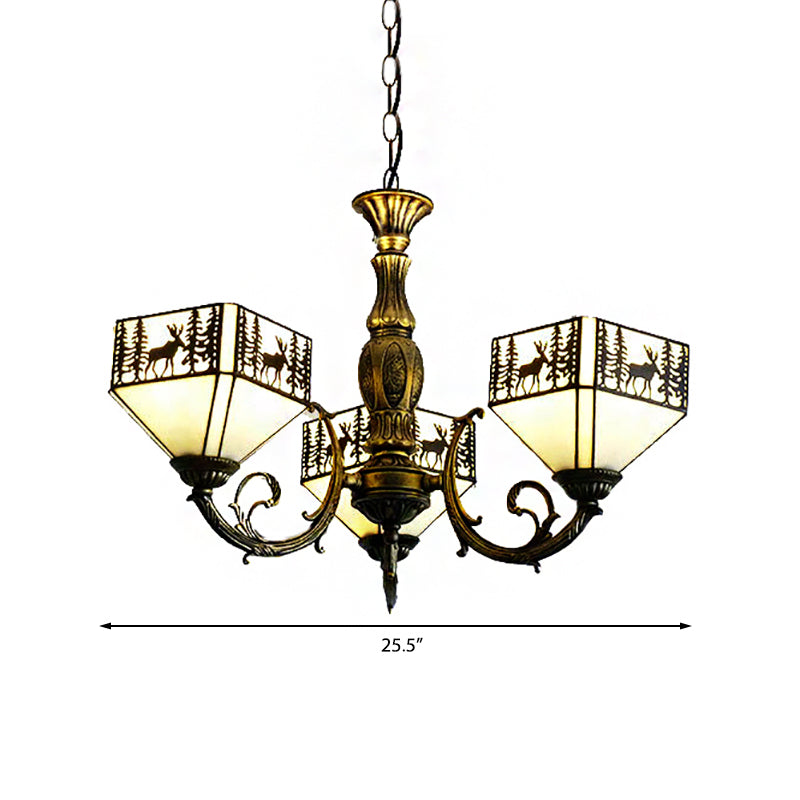 3 Lights Small House Suspended Light Retro Style Stained Glass Inverted Chandelier with Deer and Tree Pattern in White