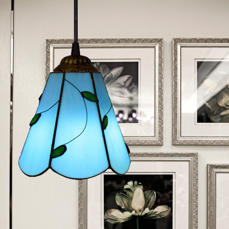 Lampada a sospensione conica in vetro colorato Tiffany 1 bulbo blu/beige in giù mini ciondolo per soggiorno