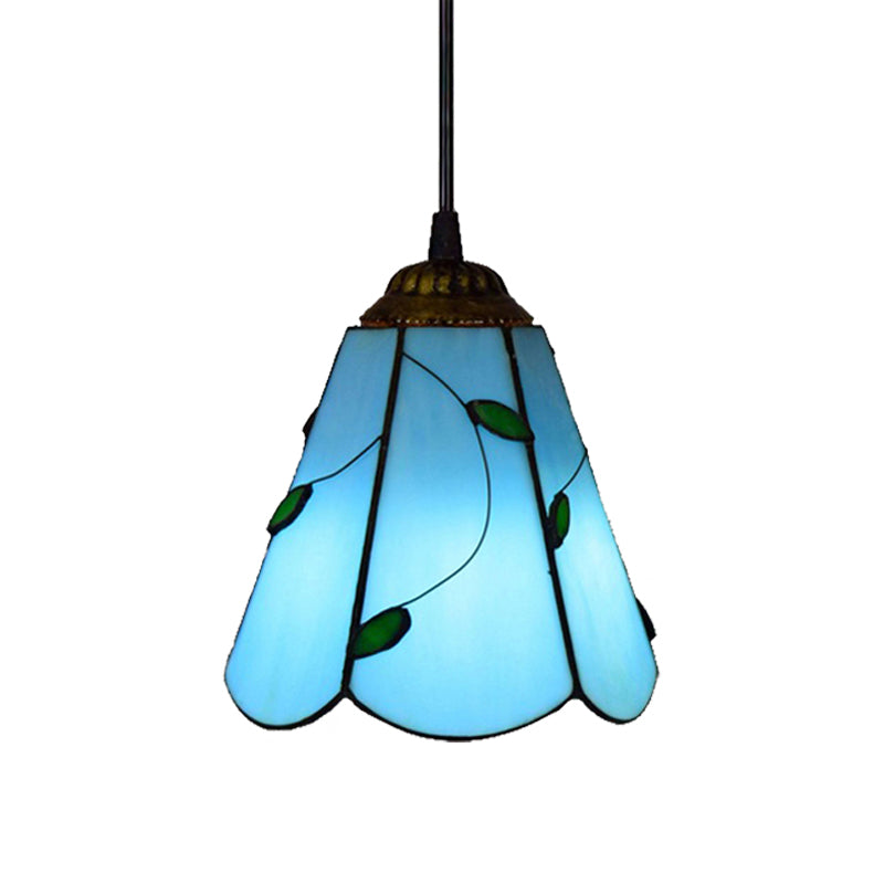 Stained Glass Conical Hanging Lamp Tiffany 1 Bulb Blue/Beige Down Mini Pendant for Living Room