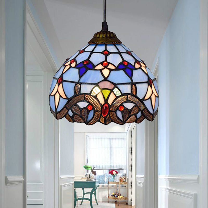 Stained Glass Dome Suspension Light Victorian Style 1 Light Foyer Pendant Lighting in Aged Bronze Finish