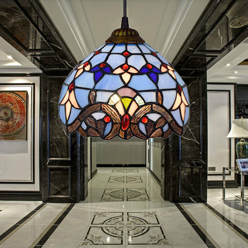 Stained Glass Dome Suspension Light Victorian Style 1 Light Foyer Pendant Lighting in Aged Bronze Finish
