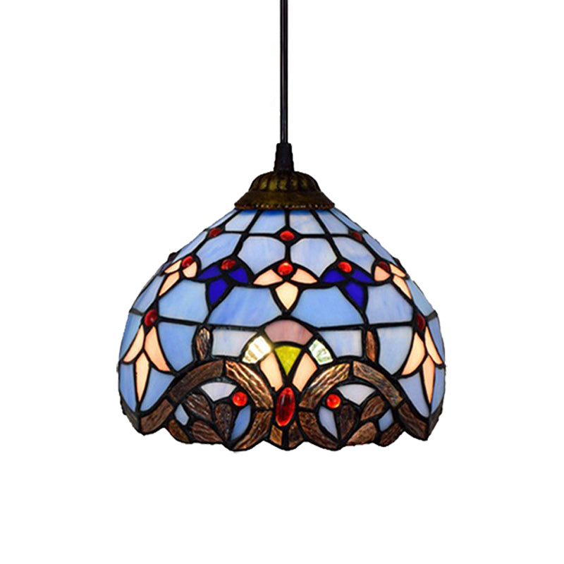 Stained Glass Dome Suspension Light Victorian Style 1 Light Foyer Pendant Lighting in Aged Bronze Finish