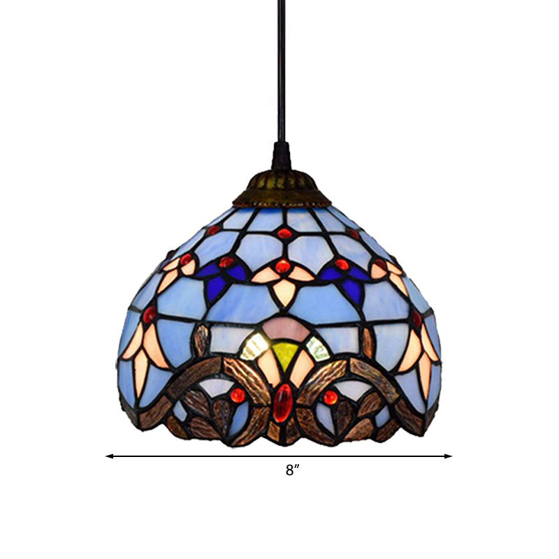 Stained Glass Dome Suspension Light Victorian Style 1 Light Foyer Pendant Lighting in Aged Bronze Finish