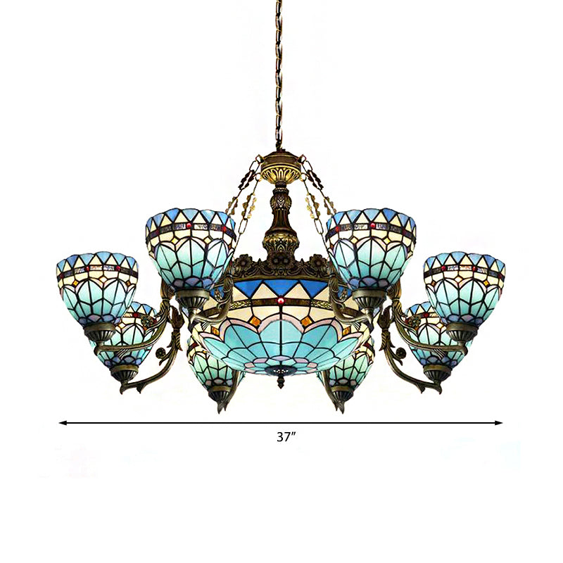 Vintage en forme de dôme vintère Tachette de lampe 9 lumières Chandelier inversé en bleu pour le salon