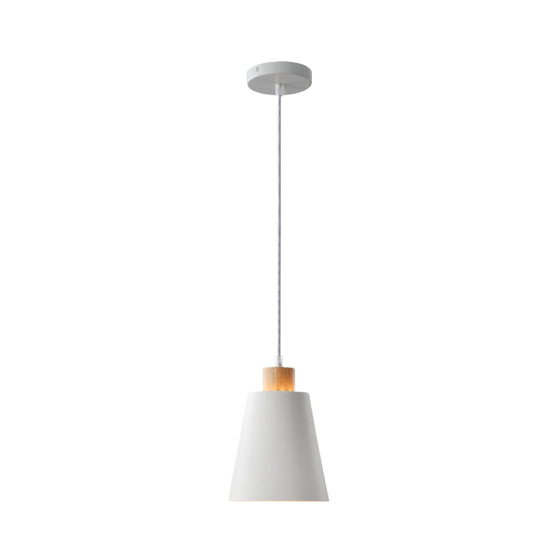 Contemporary Bucket Shade Pendant Lamp Metallic White Finish Hanging Light with Round/Linear Canopy for Hallway