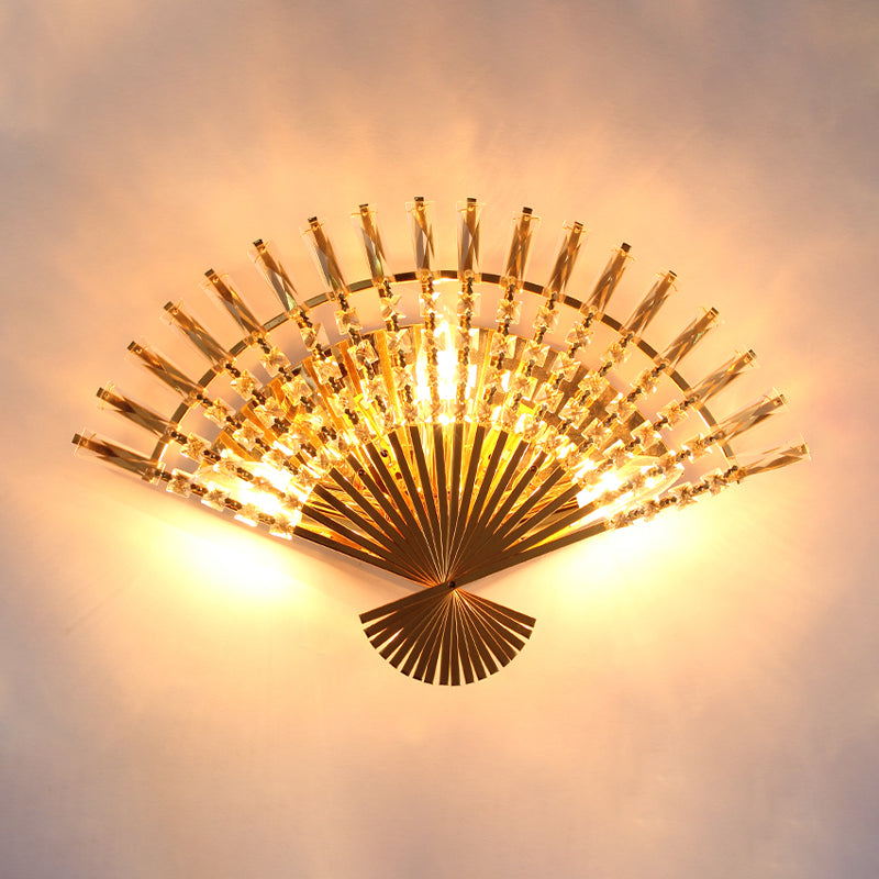 Golden Fan Shaped Sconce Lamp Vintage Style 3 Lights Metal Wall Light Fixture with Clear Crystal Decoration