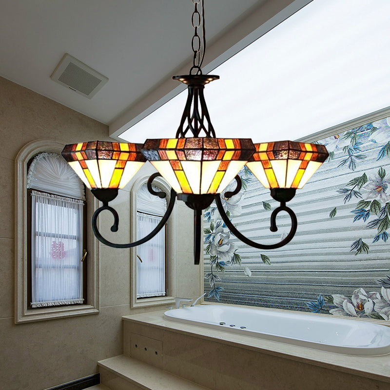 3 Heads Pyramid Shape Chandelier Tiffany Stained Glass Inverted Chandelier for Living Room