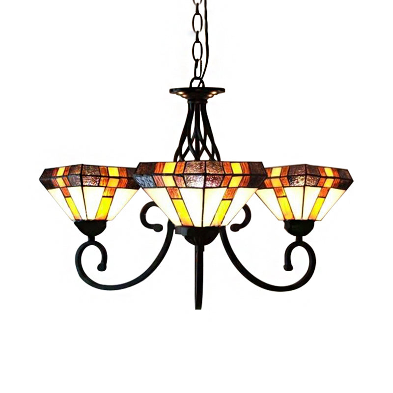 3 Heads Pyramid Shape Chandelier Tiffany Stained Glass Inverted Chandelier for Living Room