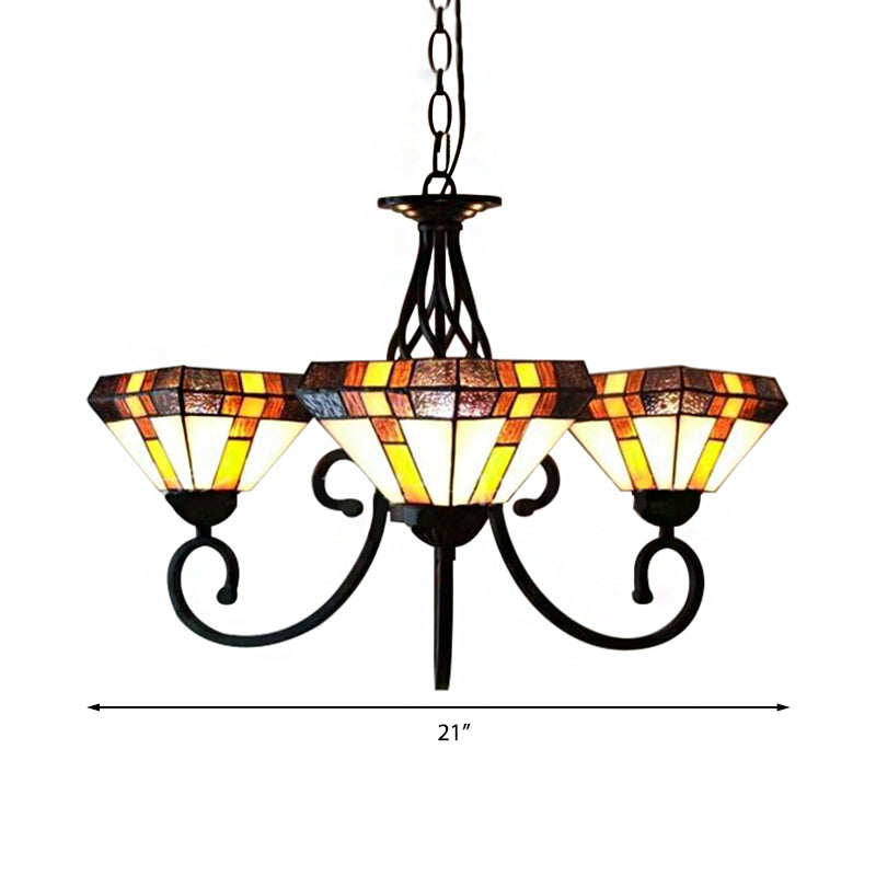 3 Heads Pyramid Shape Chandelier Tiffany Stained Glass Inverted Chandelier for Living Room
