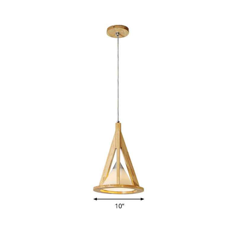 Modern Cone Pendant Light Wood & Frosted Glass Hanging Light in Beige for Coffee Shop