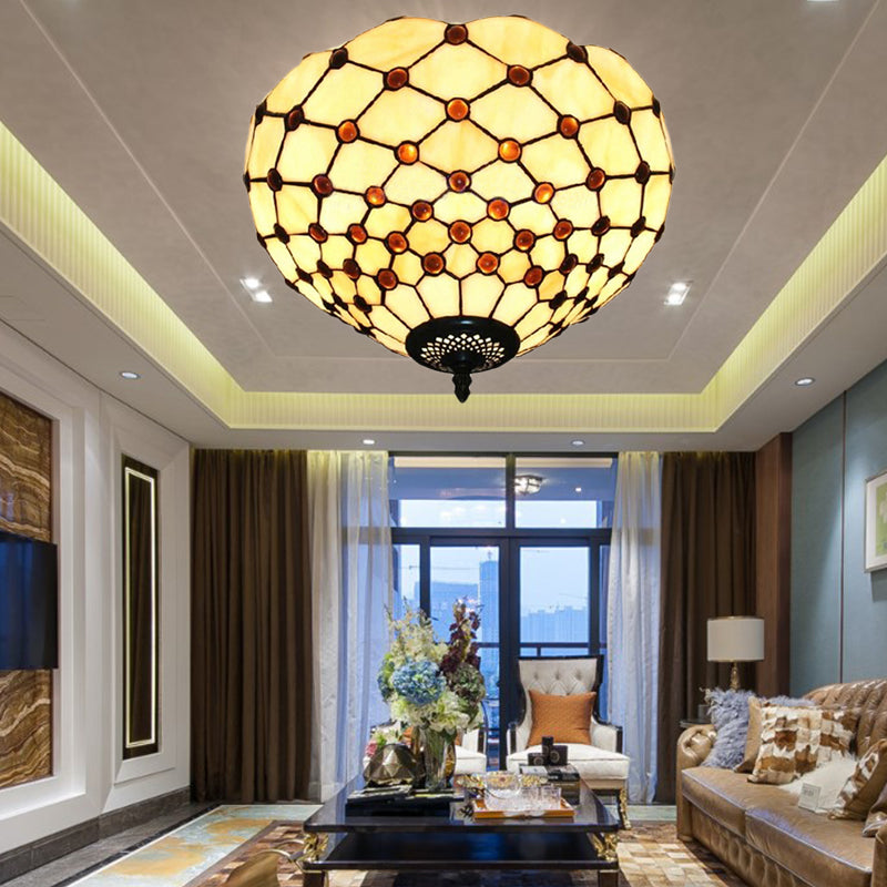 Beige / Black Bowl-Shaped Ceiling Light Fixture Tiffany Stained Glass 1/2 Lights Flushmount Ceiling Light
