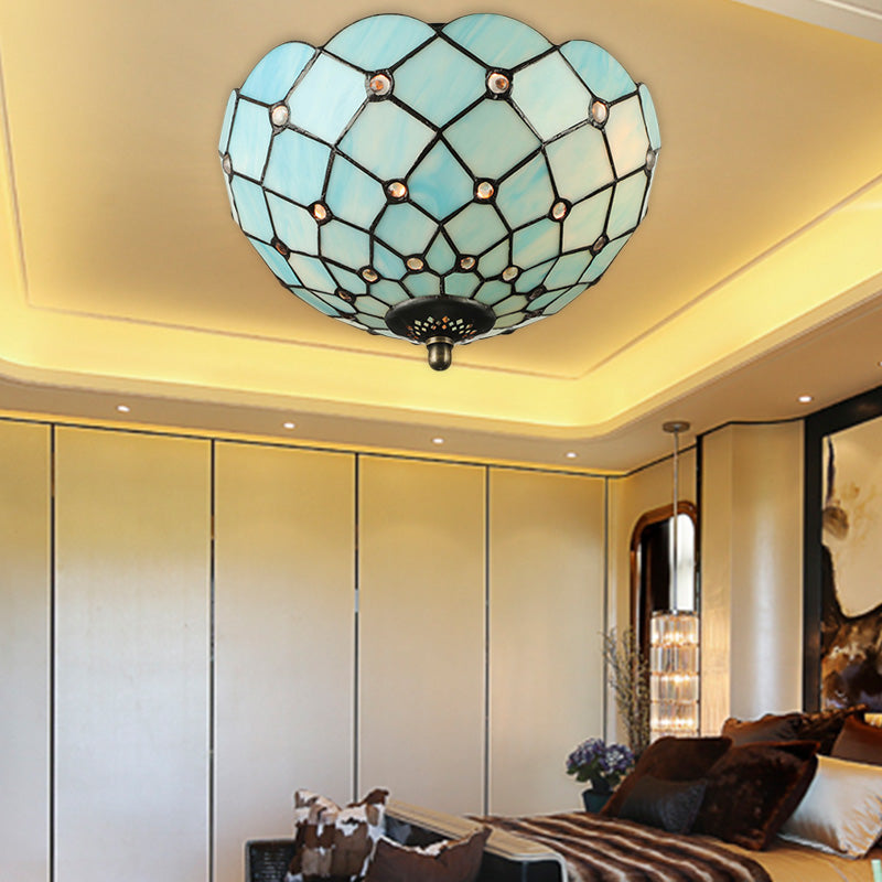 Beige / Black Bowl-Shaped Ceiling Light Fixture Tiffany Stained Glass 1/2 Lights Flushmount Ceiling Light