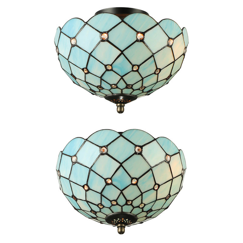 Beige / Black Bowl-Shaped Ceiling Light Fixture Tiffany Stained Glass 1/2 Lights Flushmount Ceiling Light