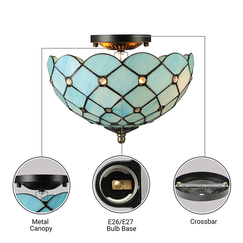 Beige / Black Bowl-Shaped Ceiling Light Fixture Tiffany Stained Glass 1/2 Lights Flushmount Ceiling Light